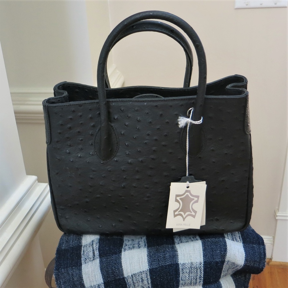 VERA PELLE Ostrich Print Leather Handbag, NWT